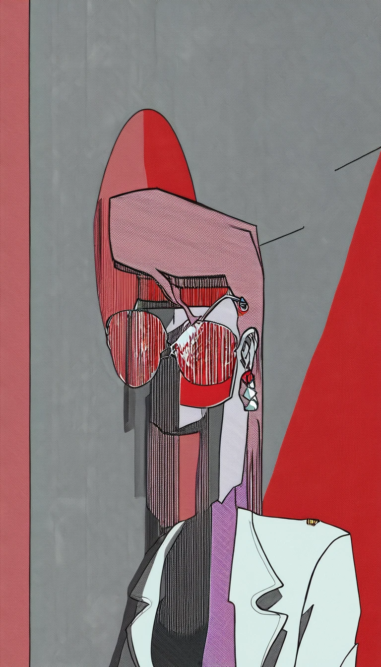 Simple vector illustration,Beautiful girl standing against the wall,unique,confidence,Long straight hair,sunglasses,Exaggerated earrings,unique,Staring at the audience),(Black deep V trench coat:1.37,Red bottoming skirt)。Looking from the bottom up,Geometric Light and Shadow,Clean and simple red background,Sense of space,White Space