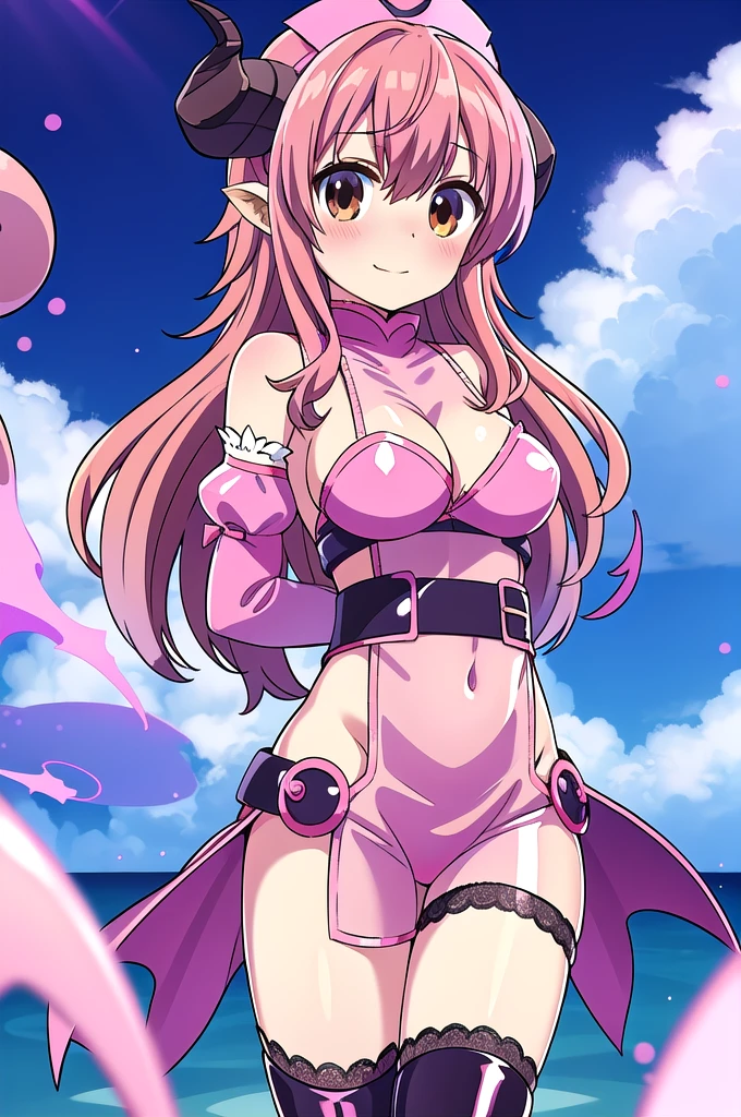1girl,solo,cowboy shot,standing,(pink hair:1.8),(long hair:1.1),ahoge,hairs between eyes,curly hair,(brown eyes:1.4),(beautiful fingers:1.4),(perfect anatomy:1.4),(arms_behind_back:1.8),(cold_shoulder:1.2),(pink silk lace glossy lamé nurse uniform:1.6),(pink pencil mini skirt:1.4),(latex luster shiny glossy metallic:1.6),(shiny_clothes:1.6),masterpiece,best quality,(Ultra high definition eyes:1.2),8k,(Beautiful detailed eyes:1.2),(Fine and beautiful eyes:1.2),(pretty eyes:1.2),finely detail,extremely CG, absurdres,high resolution,illustration,Detailed and beautiful outlines,finely detail,high resolution,(colorful refraction:1.4,Increase saturation:1.2),beautiful lighting,dynamic lighting,closed room,black background,simple background, smile,looking at viewer,shamiko,(curled horns:1.6),(demon tail:1.2),(white Clear PVC sheets sleeves:1.4),(sheer sleeves:1.4),(see-through sleeves:1.4),(wide sleeves:1.2),(pink thigh boots:1.2),