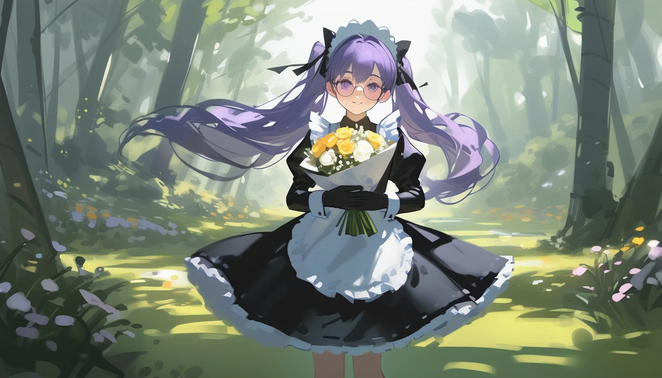 Ciloranko,  wlop, 1girl,  独奏,  flower,  bouquet,  purple eyes,  maid headdress,  looking at viewer,  maid,  apron,  full body, long hair, twintails,  holding,  white background,  long sleeves,  holding bouquet,  dress,  bow,  juliet sleeves,  puffy sleeves,  blush,  Spring Flowering Forest, parted lips,  frills,  ribbon,  two side up,  hair bow,  maid apron one girl, super high quality, Super Detail, Super Detailed image, long hair, looking at viewer, skirt, shirt, hair ornament, violet eyes,black gloves, round glasses, long sleeves,violet hair, round glasses, Flat Chest, smile