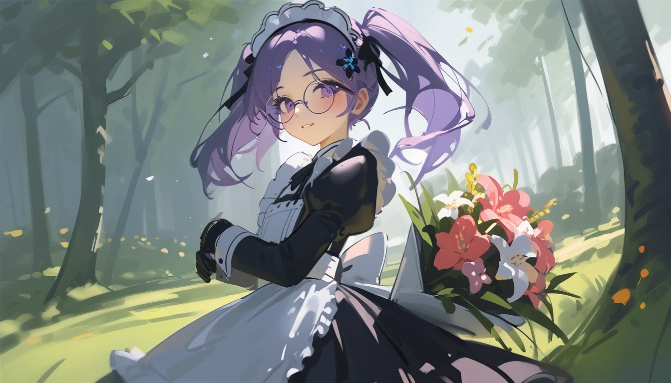 Ciloranko, wlop, 1girl, 独奏, flower, bouquet, purple eyes, maid headdress, looking at viewer, maid, apron, full body, long hair, twintails, holding, white background, long sleeves, holding bouquet, dress, bow, juliet sleeves, puffy sleeves, blush, Spring Flowering Forest, parted lips, frills, ribbon, two side up, hair bow, maid apron one girl, super high quality, Super Detail, Super Detailed image, long hair, looking at viewer, skirt, shirt, hair ornament, violet eyes,black gloves, round glasses, long sleeves,violet hair, round glasses, Flat Chest, smile