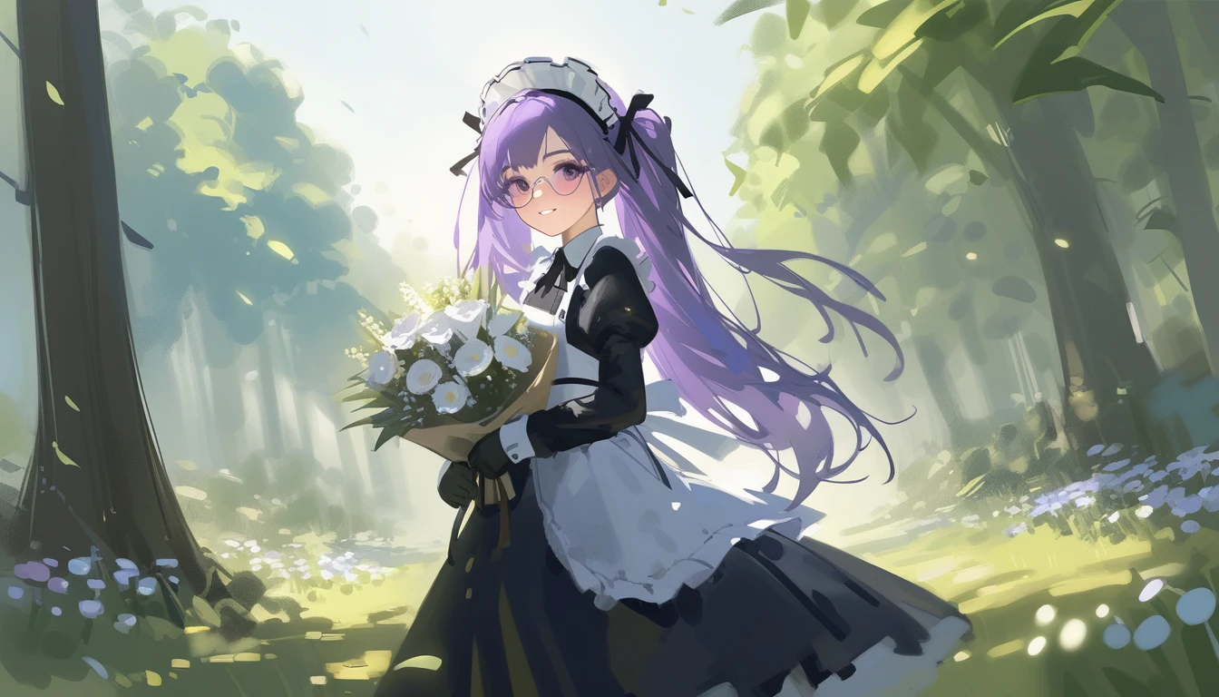 Ciloranko,  wlop, 1girl,  独奏,  flower,  bouquet,  purple eyes,  maid headdress,  looking at viewer,  maid,  apron,  full body, long hair, twintails,  holding,  white background,  long sleeves,  holding bouquet,  dress,  bow,  juliet sleeves,  puffy sleeves,  blush,  Spring Flowering Forest, parted lips,  frills,  ribbon,  two side up,  hair bow,  maid apron one girl, super high quality, Super Detail, Super Detailed image, long hair, looking at viewer, skirt, shirt, hair ornament, violet eyes,black gloves, round glasses, long sleeves,violet hair, round glasses, Flat Chest, smile