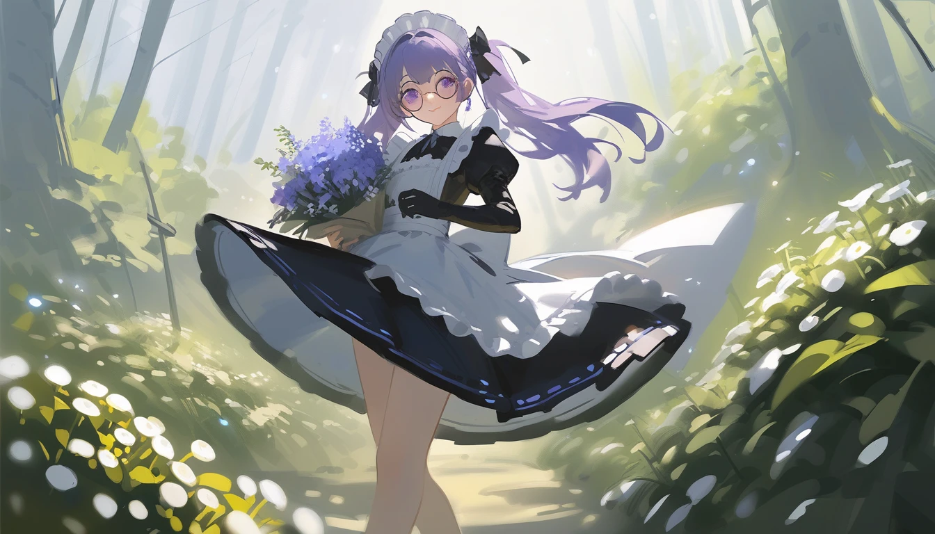 Ciloranko, wlop, 1girl, 独奏, flower, bouquet, purple eyes, maid headdress, looking at viewer, maid, apron, full body, long hair, twintails, holding, white background, long sleeves, holding bouquet, dress, bow, juliet sleeves, puffy sleeves, blush, Spring Flowering Forest, parted lips, frills, ribbon, two side up, hair bow, maid apron one girl, super high quality, Super Detail, Super Detailed image, long hair, looking at viewer, skirt, shirt, hair ornament, violet eyes,black gloves, round glasses, long sleeves,violet hair, round glasses, Flat Chest, smile