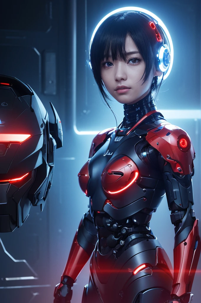 (((cyborgに改造されたエルフ))),right half is blue、left half red、cyborg,Machines are embedded in the body,whole body