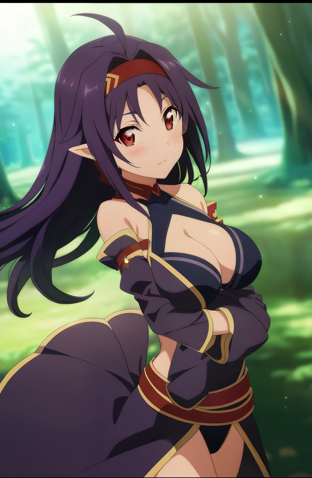 yuuki base, purple hair, long hair, ahoge, red eyes, pointy ears, hairband, bikini, detached sleeves, leotard, purple skirt, bare shoulders, gloves, 1girl, solo, big breast,magical forest, dappled sunlight, sunset, depth of field, cinematic, game cg, anime screencap, official art, masterpiece, best quality, 