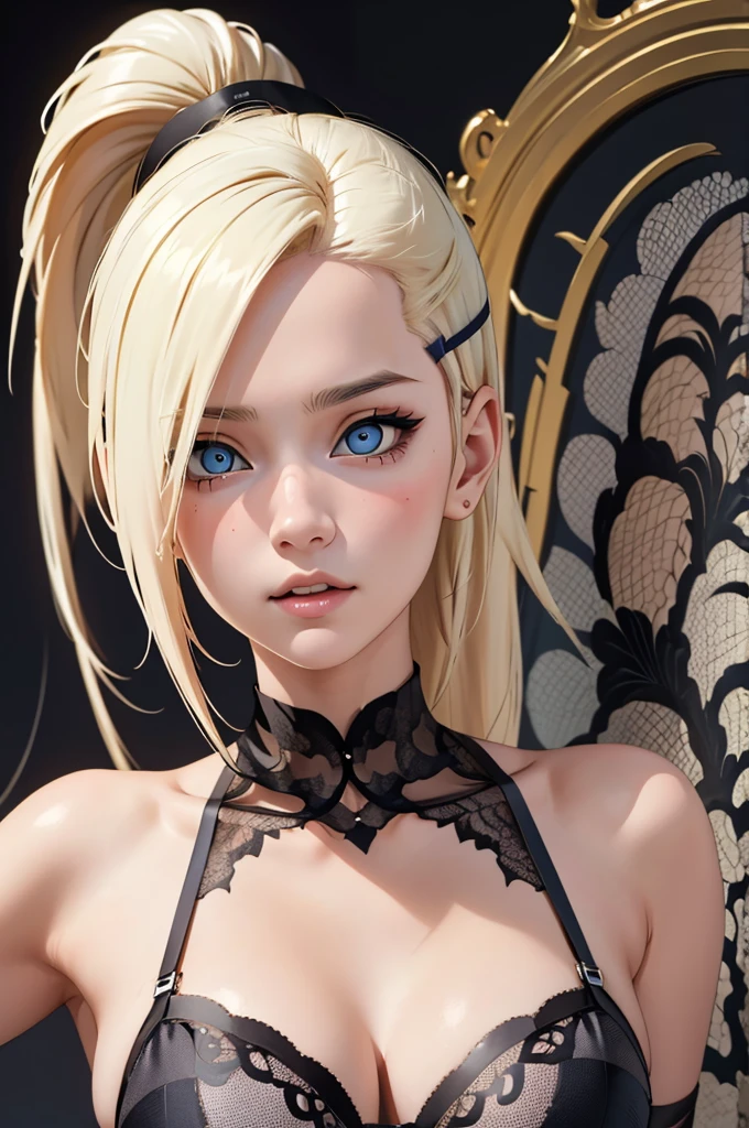 (masterpiece), best quality, expressive eyes, perfect face, 1 girl, solo, yamanaka ino, blonde hair, blue eyes, in black lace lingerie.