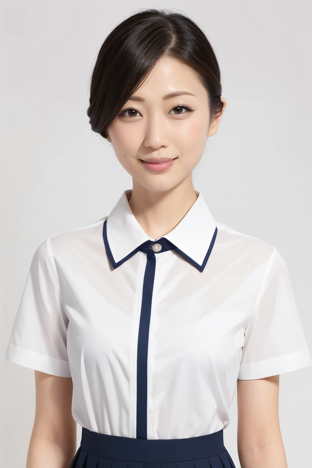 (Highest quality、Tabletop、8K、Best image quality、Award-winning works)、Beautiful school girl、(White polyester collared shirt:1.2)、(Navy Pleated Skirt:1.2)、female portrait photography、Glowing Skin、Brown Hair、Standing Elegantly、(The simplest pure white background:1.2)、(Large Breasts:1.2)、(Accentuate your body lines:1.1)、(Face close-up:1.1)