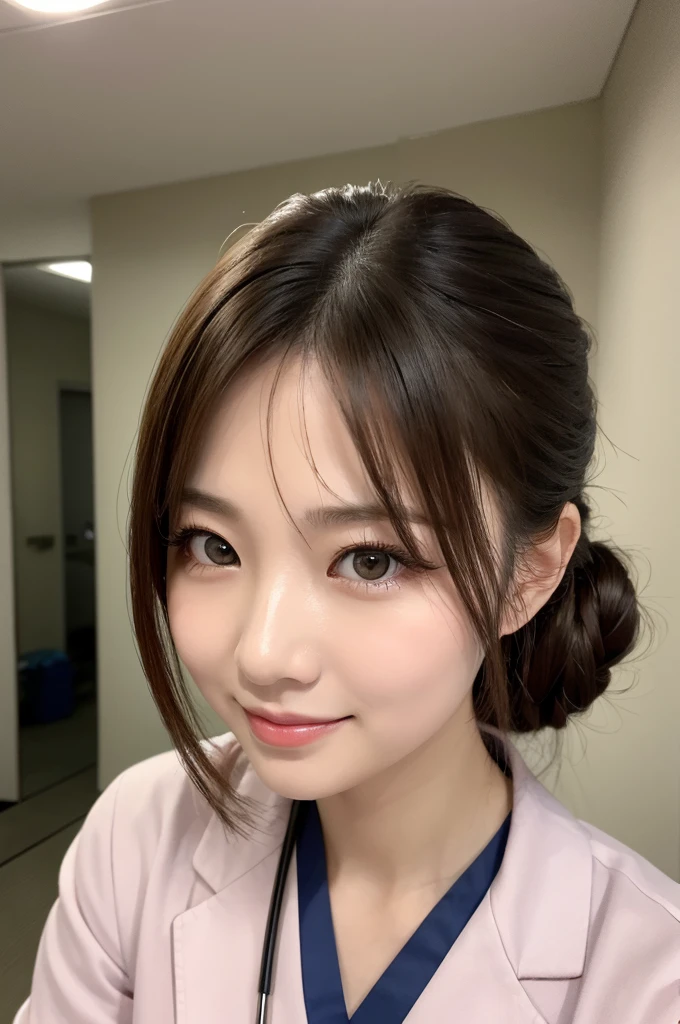 (1 Girl )、(Beautiful Japanese、30years old,round face、Refreshing、clear、seems kind、stylish、Pitiful、cute like an angel、cute、black eyes、(Single eyelid:1.3)、Beautiful skin), {(Japan human face:1.4),(General facial features)} , (((Beautiful breasts:0.4))),(((soft breasts))),(very cute),(updo, hair tendrils,brown hair,),(enchanting eyes),(highlight on eyes:1.2)、(8K、Live shooting、highest quality、masterpiece:1.2、optimal lighting)、((masterpiece)),(Photo taken by a professional photographer),(real、photo real:1.4),BREAK,((taraditional nurse uniform))},(cleavage:0.5)},( Smile),(cheeks are red:1.3), BREAK, hospital,Face shot:1.0、looking at viewer, face close-up,,(((1970s vibe)))、Hospital corridor,dynamic angle,,standing,Supporting the patient