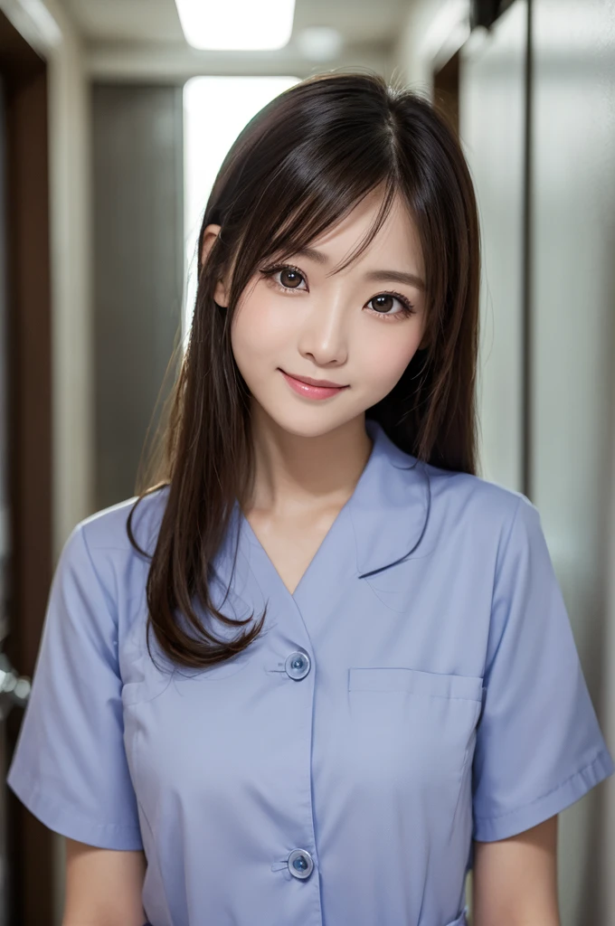 (1 Girl )、(Beautiful Japanese、30years old,round face、Refreshing、clear、seems kind、stylish、Pitiful、cute like an angel、cute、black eyes、(Single eyelid:1.3)、Beautiful skin), {(Japan human face:1.4),(General facial features)} , (((Beautiful breasts:0.4))),(((soft breasts))),(very cute),(updo, hair tendrils,brown hair,),(enchanting eyes),(highlight on eyes:1.2)、(8K、Live shooting、highest quality、masterpiece:1.2、optimal lighting)、((masterpiece)),(Photo taken by a professional photographer),(real、photo real:1.4),BREAK,((taraditional nurse uniform))},(cleavage:0.5)},( Smile),(cheeks are red:1.3), BREAK, hospital,Face shot:1.0、looking at viewer, face close-up,,(((1970s vibe)))、Hospital corridor,dynamic angle,,standing,Supporting the patient