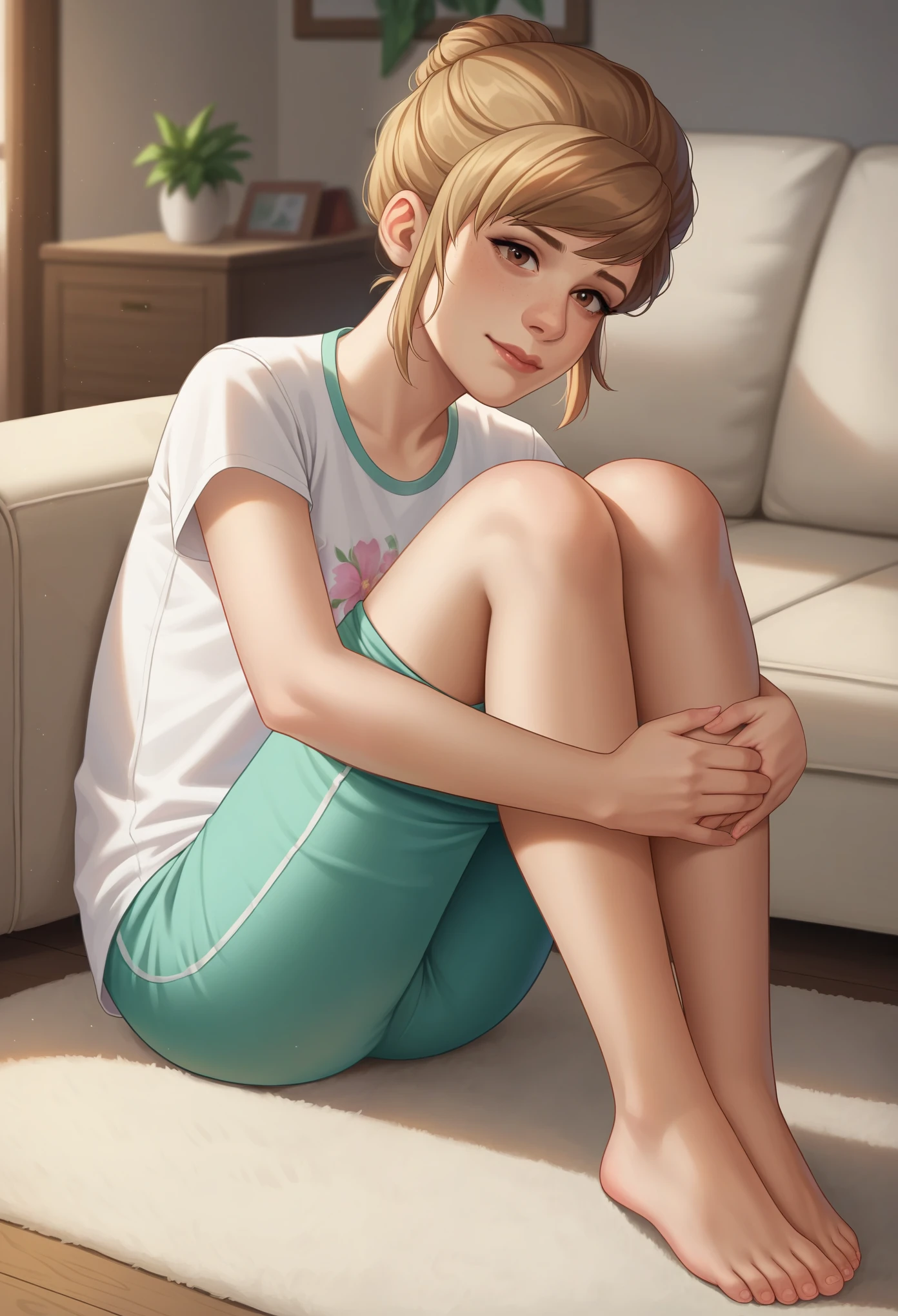 score_9,score_8_up,score_7_up, BREAK living room, beige carpet, (a girl sitting on a couch:1.2), 1girl, solo, kat3lis, dark blonde hair, hazel eyes, white ringer t-shirt, floral print, teal pajama pants, hugging own legs,