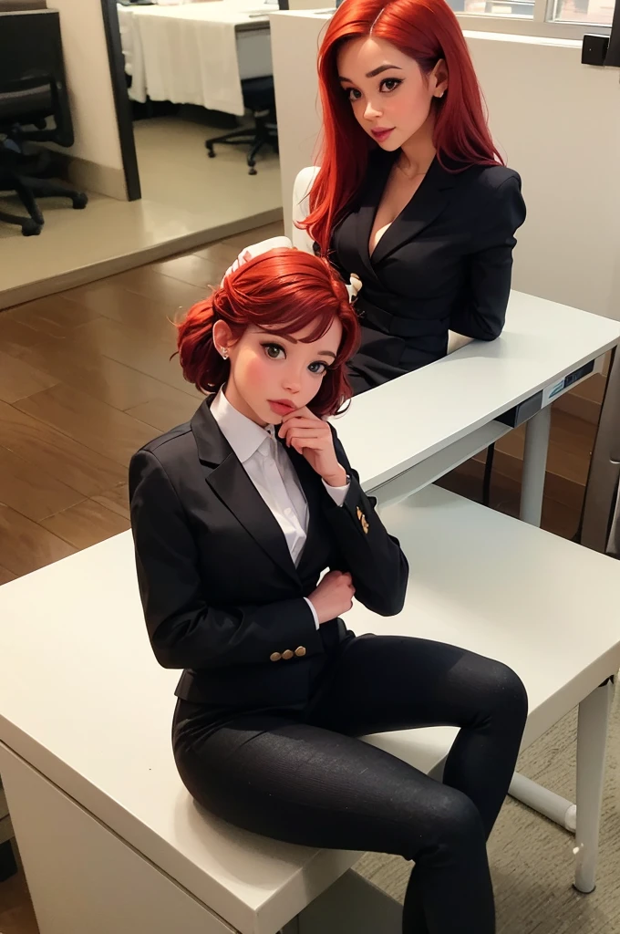adult ariel (the little mermaid) with her red hair, wearing a professional black business suit romper and sitting on a large desk