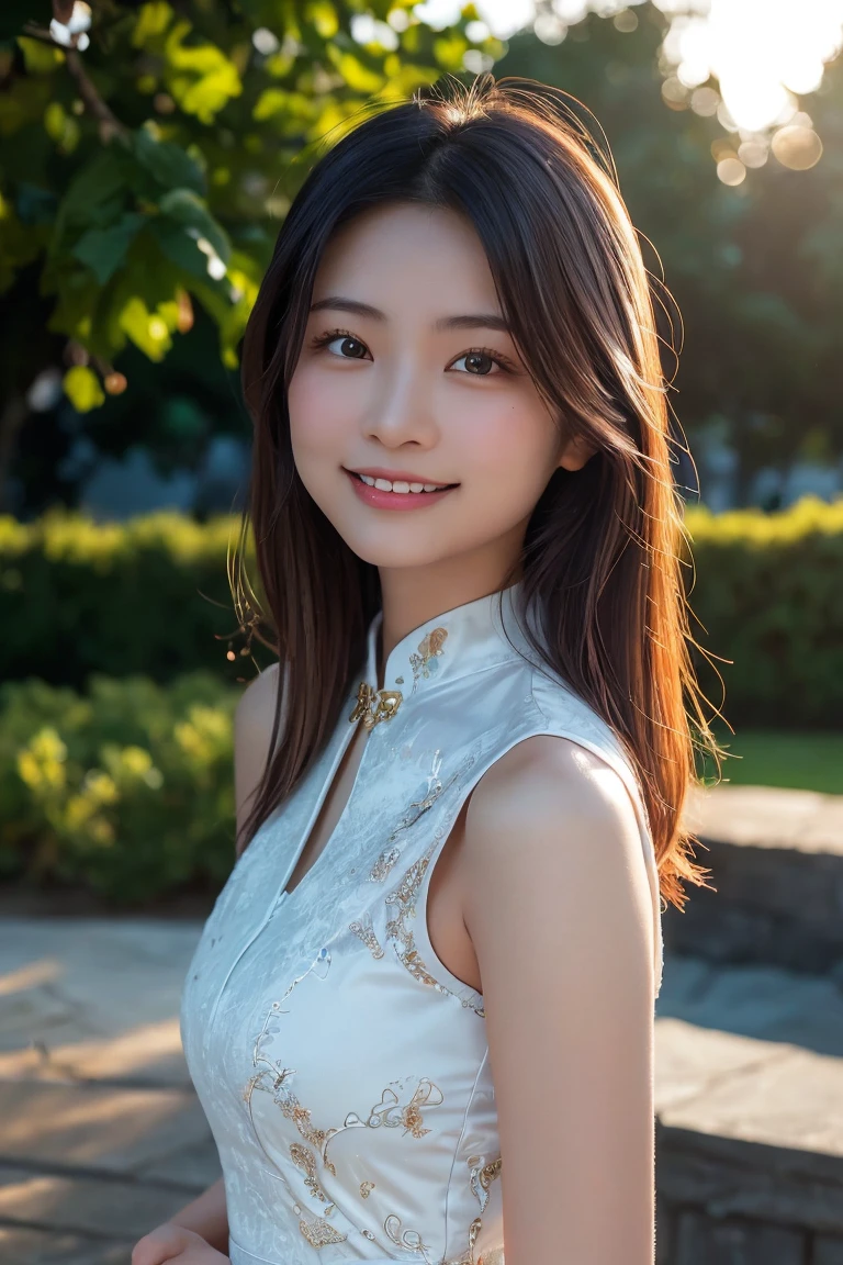 A realistic portrait of a young Asian woman with a natural smile, soft lighting, and warm evening sunlight. The background is an outdoor setting with a gentle sunset glow. The image should capture her youthful features and the serene atmosphere of the moment. High detail, high resolution, and photorealistic style. ((China dress))、((Upper Body:1.3))