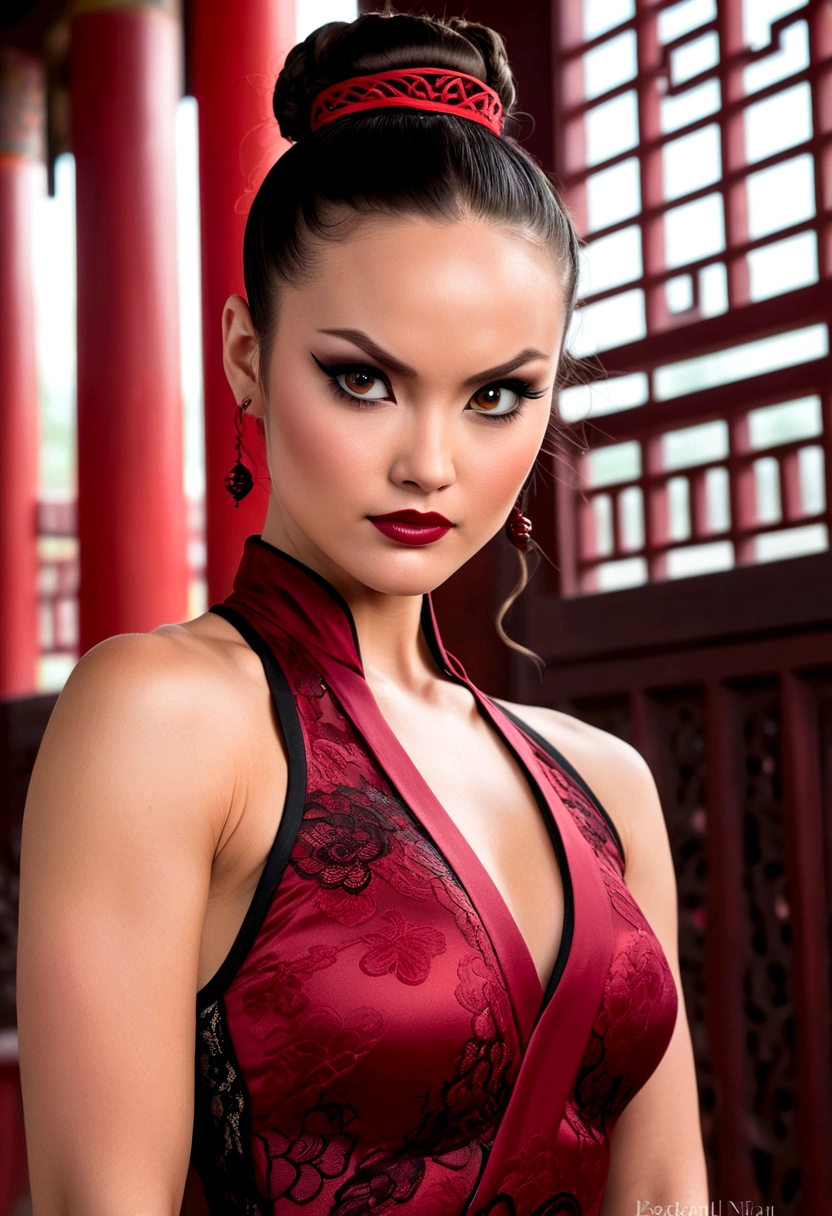 Tori Black asian ninja warrior, ringlets wavy five feet long black hair, updo hairstyle with ponytail on one side and long hairpins holding the bun, dark red glossy lips, heavy black eye shadow long black eyeliner, long sharp nails, black lace beautiful and creative sleeveless ninja warrior bodysuit, forehead lace ornament, posing in a Shaolin temple interior, happy expression, dark ambience night time candle lights. No faces on her chest!