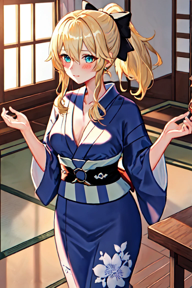 Highest quality, masterpiece, High resolution, alone, {yukata:1.40}, {kimono:1.20}, {Jean_Genshin Impact:1.15}, blonde_hair, green_eye, 前hair, ponytail, length_hair, Side Lock, chest, hair_between_eye, bow, hair_bow, blush, big_chest