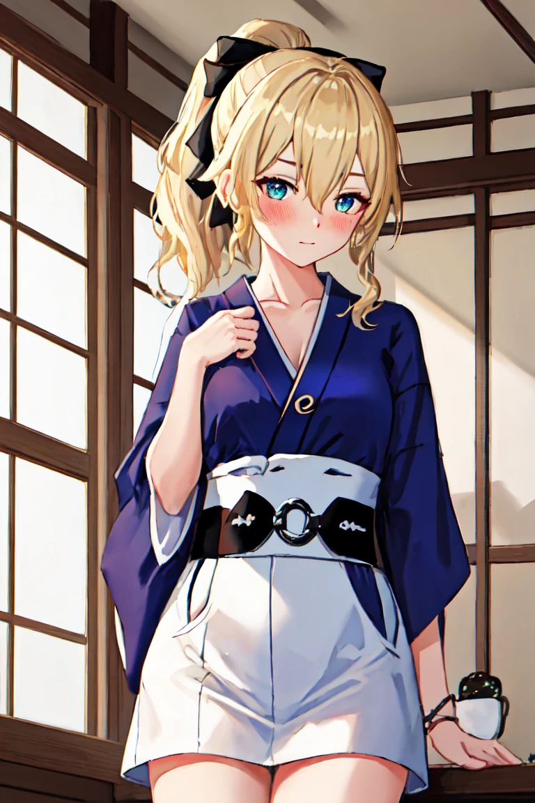 Highest quality, masterpiece, High resolution, alone, {yukata:1.40}, {kimono:1.20}, {Jean_Genshin Impact:1.15}, blonde_hair, green_eye, 前hair, ponytail, length_hair, Side Lock, chest, hair_between_eye, bow, hair_bow, blush, big_chest