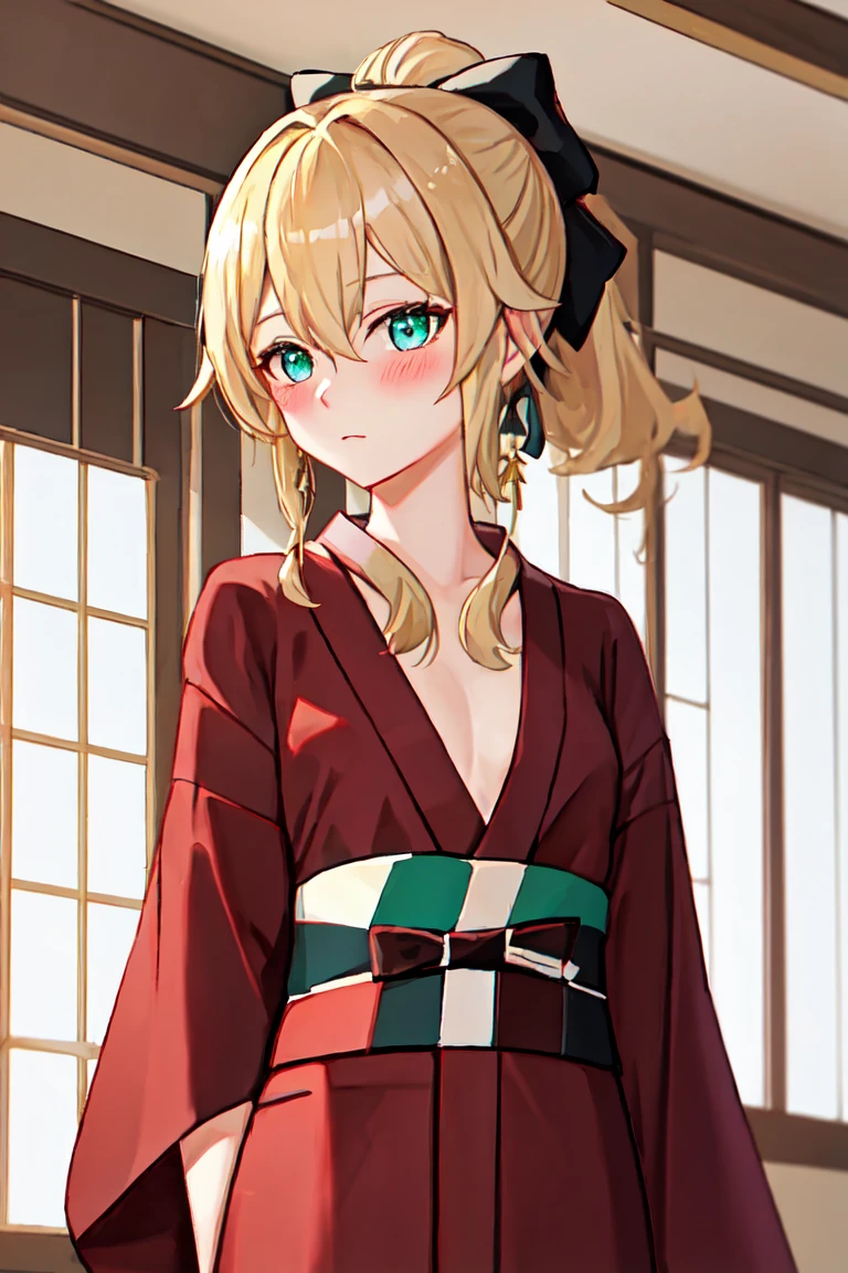 Highest quality, masterpiece, High resolution, alone, {yukata:1.40}, {kimono:1.20}, {Jean_Genshin Impact:1.15}, blonde_hair, green_eye, 前hair, ponytail, length_hair, Side Lock, chest, hair_between_eye, bow, hair_bow, blush, big_chest