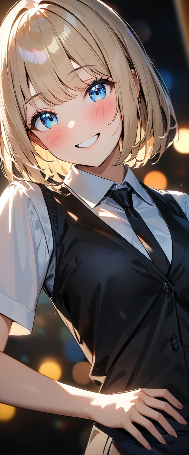 (((One girl))), blond hair, bob cut, (cowboy shot), (looking at viewer), face in focus, ???????, teenager, head tilt:1.3, (((blue eye))), ((happy smile)), ((blush)), contrapposto, one hand on hip, school summer uniform, white shirts, ((black tie under the waistcoat)), black skirt, black waistcoat, anime style, (best quality, 4k, 8k, highres, masterpiece:1.2, ultra-detailed, ultra-detailed eyes, HDR, UHD, studio lighting, ultra-fine painting, sharp focus, physically-based rendering, extreme detail description, professional, vivid colors, bokeh)