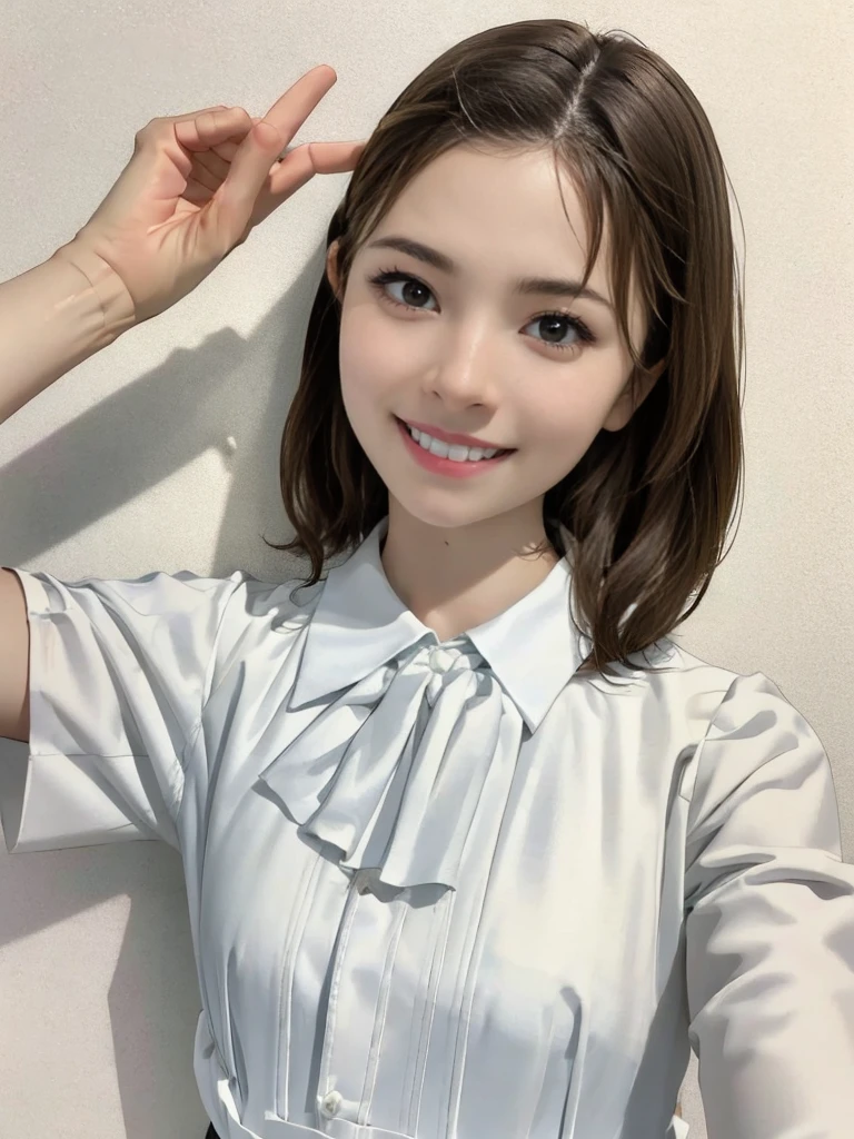 raw photo, 1girl, cute face, beautiful face, medium breast, collared blouse, White blouse, light smile, Upper body, detailed skin, pore, simple background, frontal face, wallpaper, photorealistic, anatomically correct, masterpiece, best quality, UHD