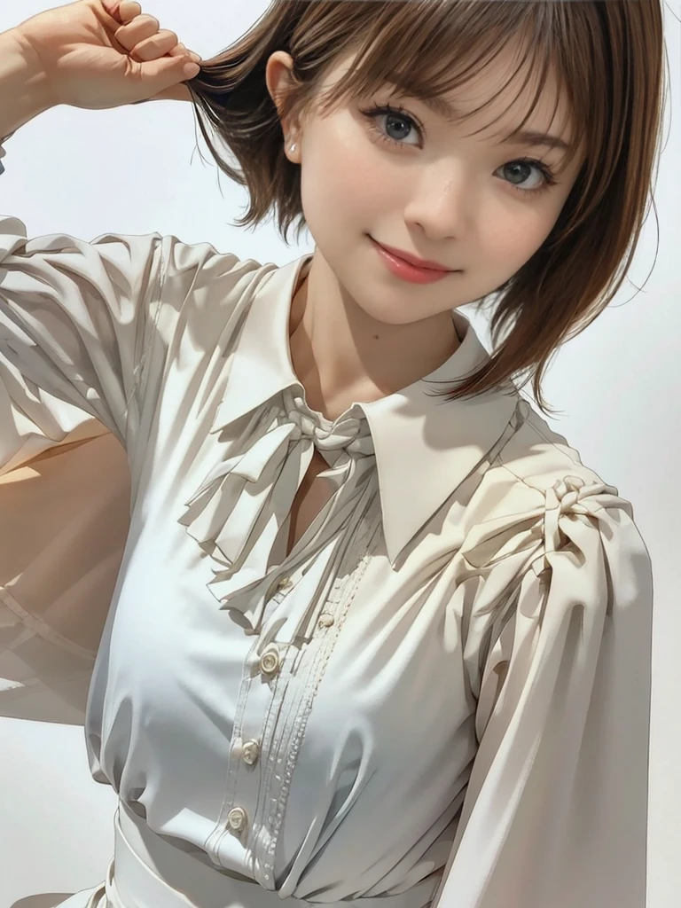 raw photo, 1girl, cute face, beautiful face, medium breast, collared blouse, White blouse, light smile, Upper body, detailed skin, pore, simple background, frontal face, wallpaper, photorealistic, anatomically correct, masterpiece, best quality, UHD
