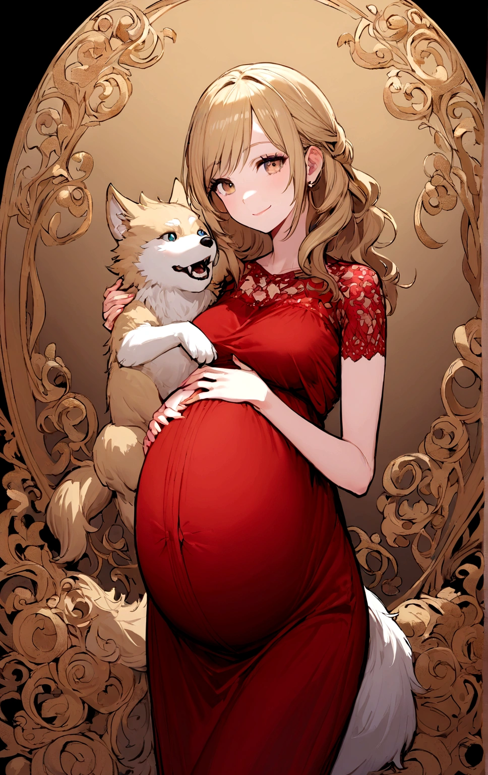 Pregnant girl. The girl had blonde hair with a wolf cut and brown hair. The girl looks very beautiful and cool. The girl's body is ideal.   The girl was wearing a formal red shirt. The girl smiled faintly, her gaze sharp. The girl held her stomach gracefully. The girl is 7 . 