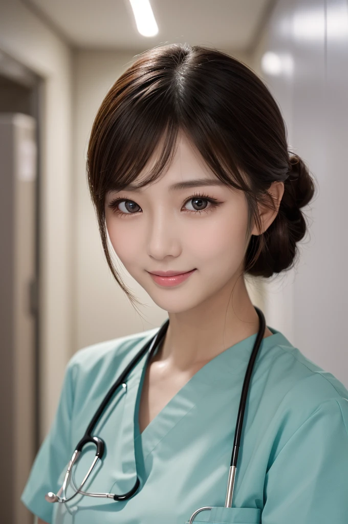 (1 Girl )、(Beautiful Japanese、30years old,round face、Refreshing、clear、seems kind、stylish、Pitiful、cute like an angel、cute、black eyes、(Single eyelid:1.3)、Beautiful skin), {(Japan human face:1.4),(General facial features)} , (((Beautiful breasts:0.4))),(((soft breasts))),(very cute),(updo, hair tendrils,brown hair,),(enchanting eyes),(highlight on eyes:1.2)、(8K、Live shooting、highest quality、masterpiece:1.2、optimal lighting)、((masterpiece)),(Photo taken by a professional photographer),(real、photo real:1.4),BREAK,((taraditional nurse uniform))},(cleavage:0.5)},( Smile),(cheeks are red:1.3), BREAK, hospital,Face shot:1.0、 face close-up,,(((1970s vibe)))、Hospital corridor,dynamic angle,,standing,Feeding the patient