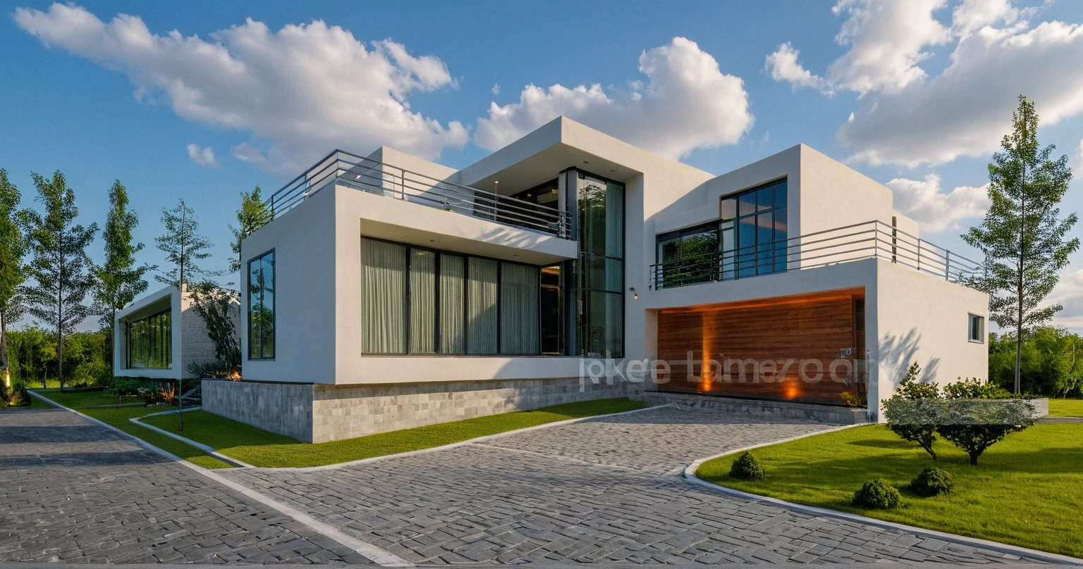 Masterpiece, 4k pixcel, high quality, best quality, authentic, super detail, outdoors, onestoreyvillaXL, aiaigroup, house style modern on the street ,stairs, white wall ,road,pavement, grass, trees, sky, cloud, (daylight:1.1)