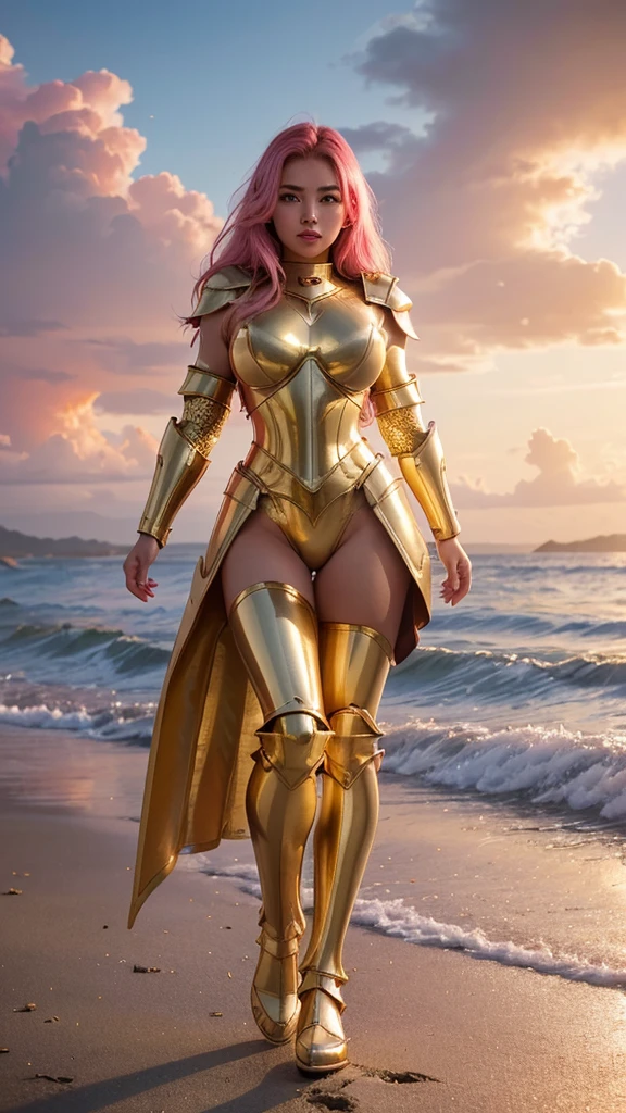 ((best quality)), ((masterpiece)), (ultra detailed lights), ((full body shot)), indonesian girl, extremely beautiful, ultra face details, 20 years old, ((pink curvy-hair)), ((hair blown by strong winds :1.3)), ((Award-winning photograph)), photography of a girl, slim face, extremely beautiful, ultra details skin, crisp picture, ((full make ups)), eyelashes, eyeshadow, gold retina, perfect eyes, ((pink blushing)), ((red lips)), ((wearing tight gold armor)), ((luminous gold armor)), ((24k-gold armor)), ((full body armor)), ((tight black latex panty)), ((thighs covering armor)), ((extreme armor reflection render)), no head cover, ((symmetrical body pose)), model posing in the middle, at beach, sun rays, epic yellow lights reflection, red clouds, from below