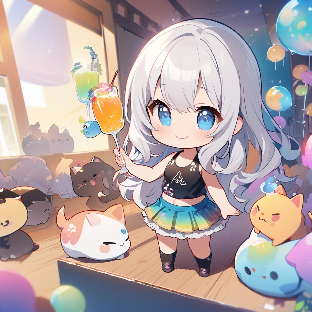 masterpiece、Highest quality、Depth of subject、２D illustration、1 beautiful girl、独奏, (((chibi style)))、Long, beautiful hair、Shiny silver hair、cute、Beautifully detailed eyes、((Tank top))、a glass of blue soda, ((colorful))、mini skirt、((happy smile))、((kitten cluster)), ((full body shot))、((in the room))、((There's a lot of pink around))、Thighs、((vivid color))、sparkle、((Lens flare))、