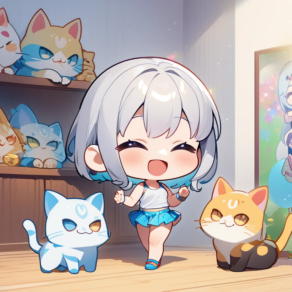 masterpiece、Highest quality、Depth of subject、2D illustration、1 beautiful girl、独奏, (((chibi style)))、Long, beautiful hair、Shiny silver hair、cute、Beautifully detailed eyes、((Tank top))、a glass of blue soda, ((colorful))、mini skirt、((happy smile))、((kitten cluster)), ((full body shot))、((in the room))、((There's a lot of pink around))、Thighs、((vivid color))、sparkle、((Lens flare))、