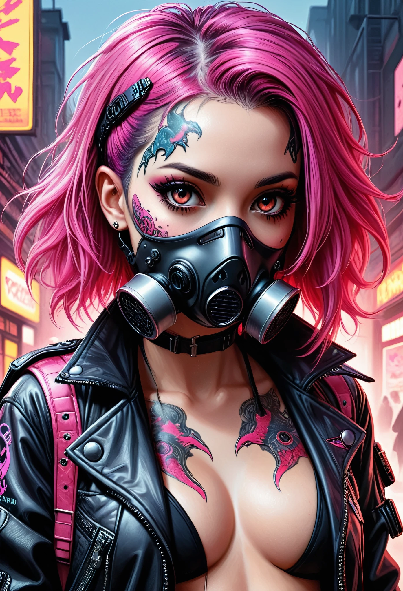 Cybergoth street fashion Full body portrait in a hyper-realistic horror anime style, Full body, woman with exaggerated features, adorned with Cyberpunk accessories, sign Pink Dinosaur on jacket, stands with an aggressive defiance, grimace etched on her face, adorned with gritty Pink Dinosaur tattoos, Kelley Jones influence, large eyepieces, imposing gas mask, holster present, bathed in cascading Richard Phillips-inspired dramatic lighting, digital painting accentuating warm tones, meticulously detailed face in clear focus, ultra-realistic precise anatomy with a detailed clear focus on her beautiful face, high contrast, cinematic. High Resolution, High Quality , Masterpiece