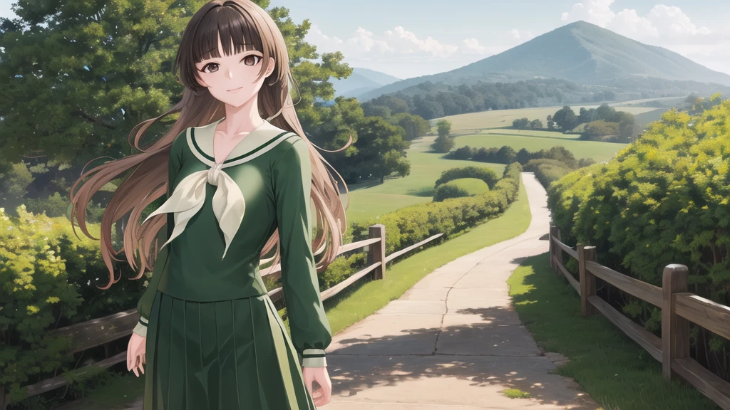 masterpiece, Highest quality, High resolution, aayoshino, , Long Hair, Twin Blade, Brown eyes, Hair that falls over the shoulders, , Sailor collar, neckerchief, Green Shirt, One piece sailor shirt, Long sleeve, Green Skirt, Long skirt, Are standing, Cowboy Shot, Outdoor, Person on the right, radiant face