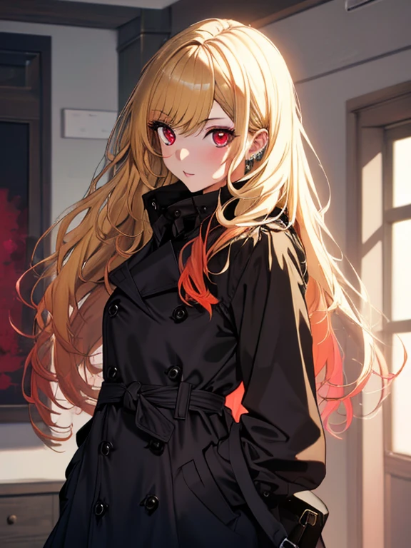 Black Trench Coat, (masterpiece), highest quality, kitagawa marin, 1girl, blonde hair, long hair, multicolored hair, red eyes, jewelry, UHD, retina, masterpiece, ccurate, anatomically correct, textured skin, super detail, high details, high quality, best quality, highres, 4K