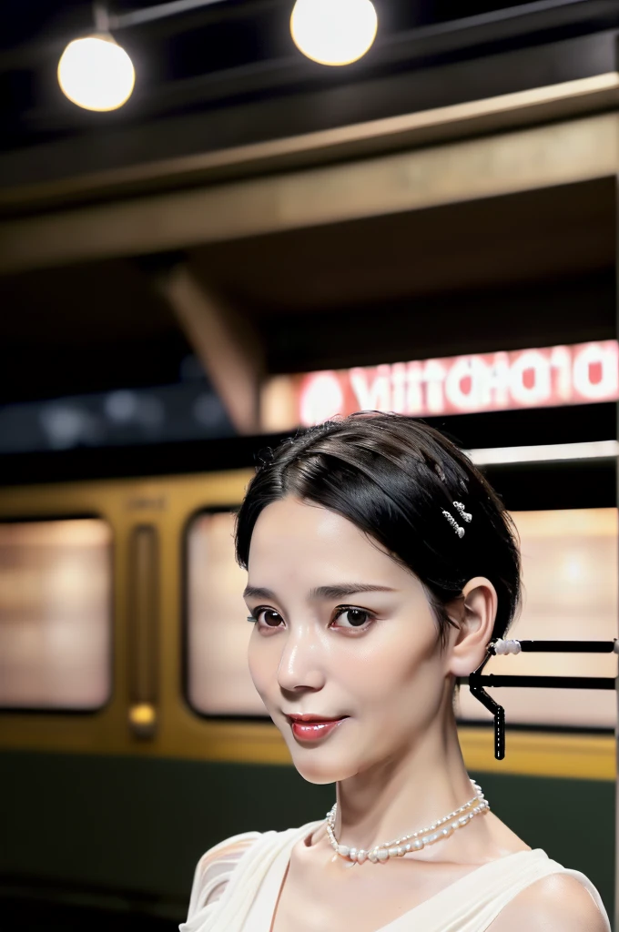 (((Ultimate Photorealistic, ultimate high-quality 32k photo))),(((From the front、cowboy-shot photo, looking at viewer))),(((( Seductive pose, 7 heads、Staring Intently :1.8)))),(((A pure white business blouse with a wide V-neck and extremely thin fabric., Soaking wet、She is looking straight at the camera with a very shy look on her face.。light makeup、A simply styled, lustrous, short black haircut。A very simple and very modest pearl necklace 1.4)))。((Highest quality)), ((masterpiece)), (((detailed))), (midnight ,A modern train station platform in Tokyo on a dark, pouring, stormy night, Low Key Lighting:1.6)、(((A very beautiful, extremely elegant and intelligent 39-year-old Japanese woman。Very intelligent and has a virgin-like face and figure。An extremely elegant, calm and modest smile, Being drunk、My eyes are quite watery、I'm very horny、embarrassed ,blush, Curvy Body、Extremely realistic, detailed and beautiful depiction of the face and waist:1.9)))、(((The skin is white and very smooth。A very hot rainy summer night、I'm pretty sweaty、My clothes were soaked and pretty see-through.、When wet, it sticks tightly to the skin, revealing the beautiful lines of the body.、Through the extremely thin fabric, her skin and her navy blue, lacy, high-end underwear are clearly visible.:1.9)))。(((A simple and elegant business pencil skirt in a plain navy blue knee-length,The clothes fit the body very well:1.8))), ((Healthy Body、The line of the chest, collarbone and décolletage are extremely beautiful.:1.9))。(((large&good hips、large&nice chests )))
