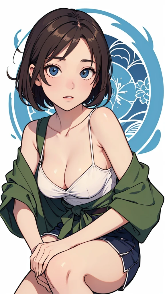 (((masterpiece, best quality, ultra highres, 1 girl, solo, white background))), super detailed skin and face and eyes and finger, beautiful japanese woman, small breasts:1.5, skinny, light brown hair, white background, very short pixie hair, (an illustration of girl), Knee shot, Generate with illustrations, Various expressions, Various poses, Please draw the entire character within the frame, ensuring that the head, arms, and legs are not cut off. The background should be simple, with the character positioned centrally, outline, anime, casual fashion,