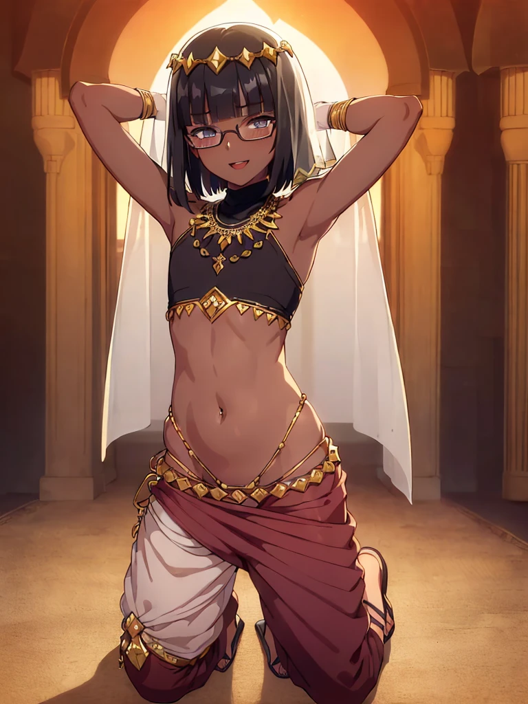 (1 boy solo:1.4),(flat chest),(dark skin:1.7), (masterpiece:1.2), highest quality, High resolution, unity 8k wallpaper, (fine and beautiful eyes:1.6), highly detailed face, perfect lighting, Detailed CG, (perfect hands, perfect anatomy), 20 years old, (black hair:1.3), detailed eyes, best quality, extremely detailed, very precise detailed, (glasses:1.6), (blunt bangs:1.3), (open mouth), (very short pixie cut:1.2), (Sandals:1.2), (evil smile:1.4), , (half closed eyes:1.3) ,long sidelocks, (blush),(kneeling:1.3),(Put left knee in front:1.5),(arabian clothes:1.5),,( harem pants:1.4),(arms behind head),spread legs,(veil:1.3),(belly dance costume:1.2)