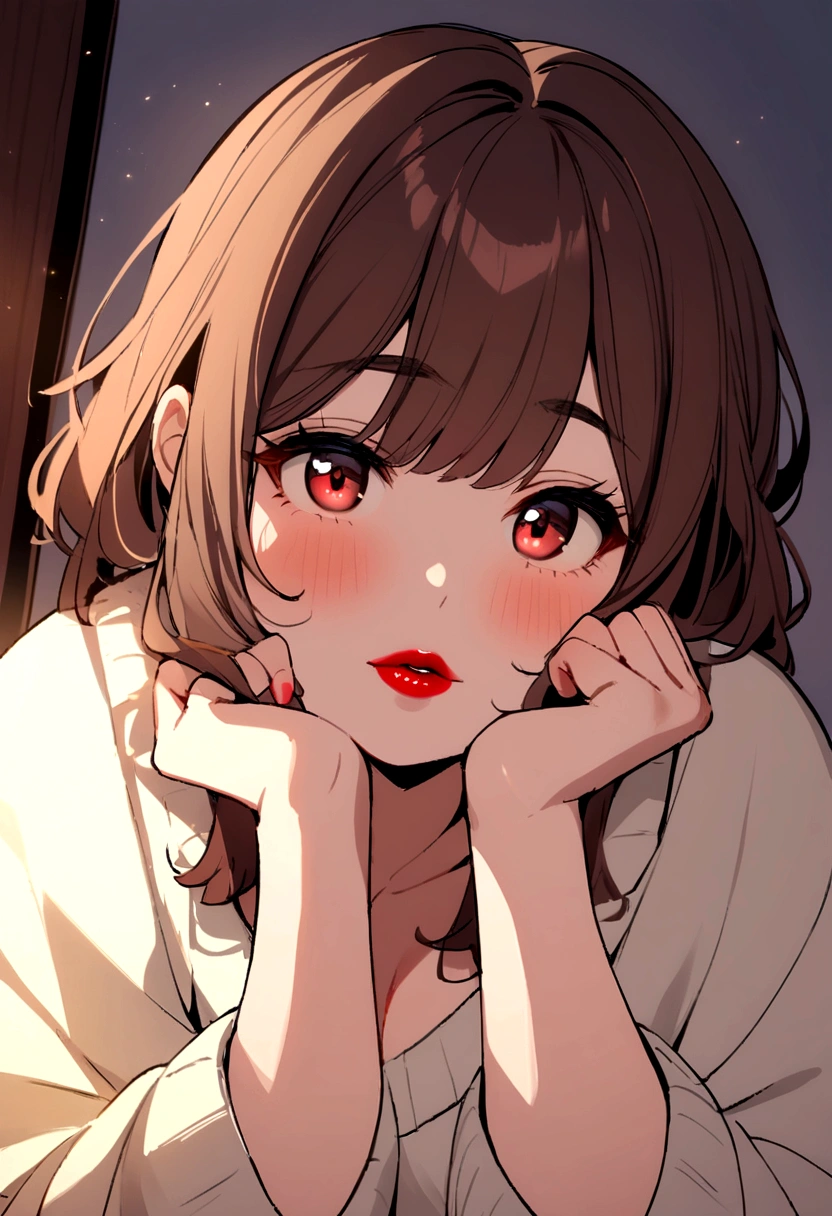 Beautiful, chubby, girl, red lipstick 