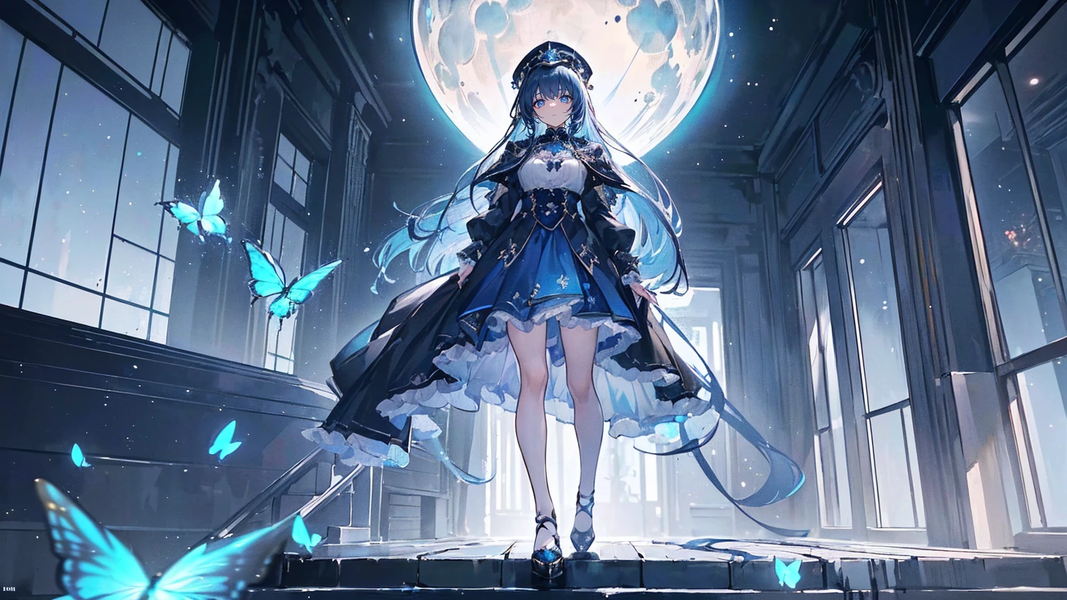 (Super detailed)),((illustration))，((masterpiece)),(((need))),((fine、Highest quality CG Unity 8K wallpapers，masterpiece），（（4K，masterpiece，best quality）），A woman with long hair and waist，hair strand，expressive hair，Dark blue pupils，Dark blue tulle skirt，Dark blue coat，Dark blue butterflies，White visor hat，suitcases，Galaxy，traveller，The hair is sky blue inside and dark blue outside，In the vast universe，Glass stairs under your feet，Go down the stairs，Feeling，A confident look，Behind is a blurry humanoid horror monster，The mutilated moon，Black Silk，individual，Full body picture