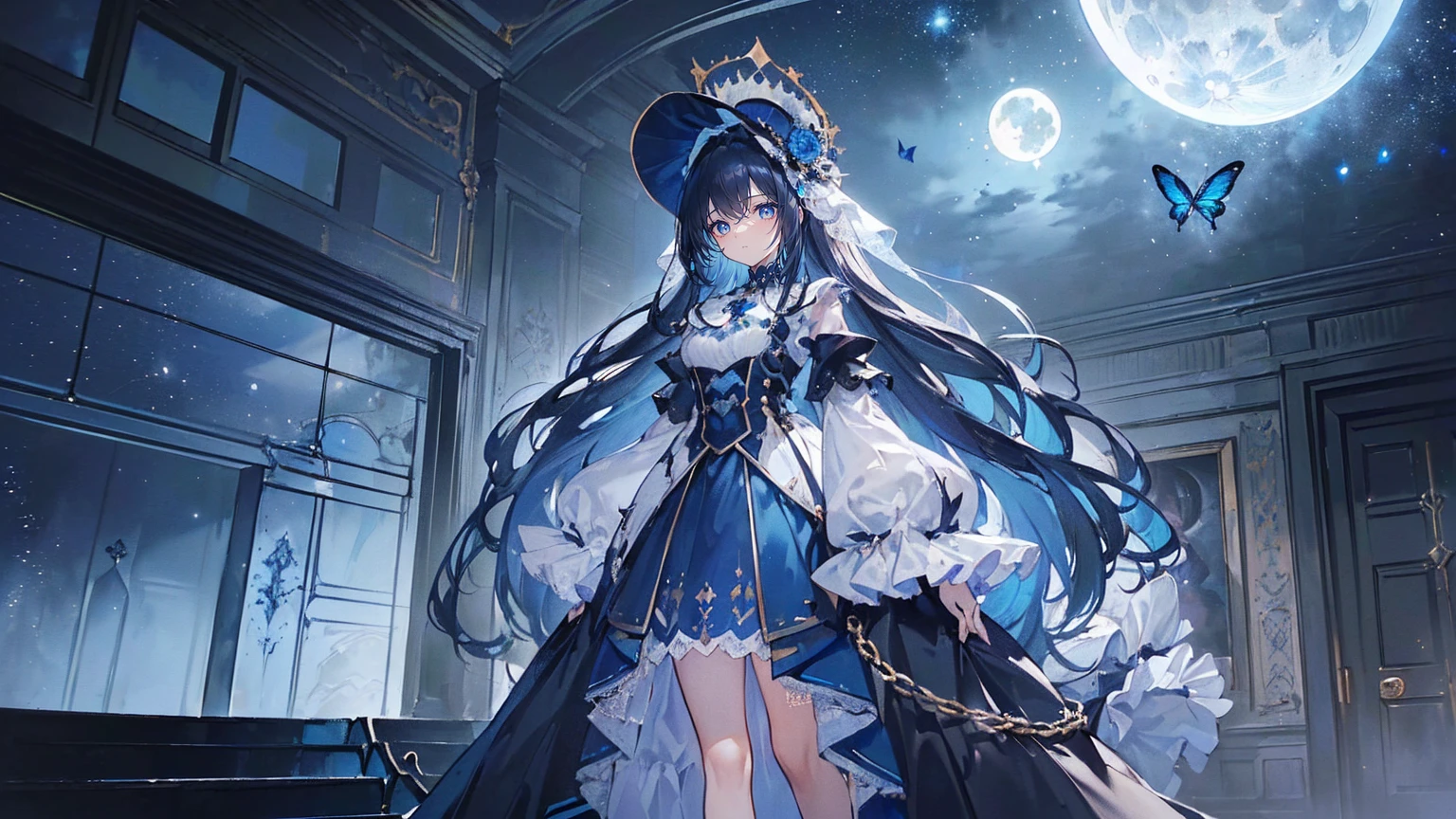 (Super detailed)),((illustration))，((masterpiece)),(((need))),((fine、Highest quality CG Unity 8K wallpapers，masterpiece），（（4K，masterpiece，best quality）），A woman with long hair and waist，hair strand，expressive hair，Dark blue pupils，Dark blue tulle skirt，Dark blue coat，Dark blue butterflies，White visor hat，suitcases，Galaxy，traveller，The hair is sky blue inside and dark blue outside，In the vast universe，Glass stairs under your feet，Go down the stairs，Feeling，A confident look，Behind is a blurry humanoid horror monster，The mutilated moon，Black Silk，individual，Full body picture