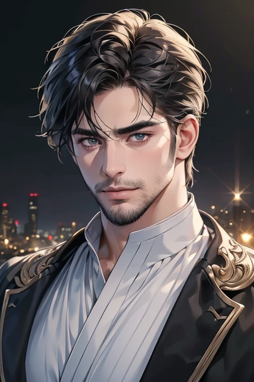 (best quality,4k,8k,highres,masterpiece:1.2),ultra-detailed,(realistic,photorealistic,photo-realistic:1.37),30 year old man,3 day beard,handsome anime,portraits,strong,masculine,dark hair,sharp jawline,mesmerizing eyes,perfectly styled hair,cool anime outfit,confident expression,vibrant colors,dynamic lighting