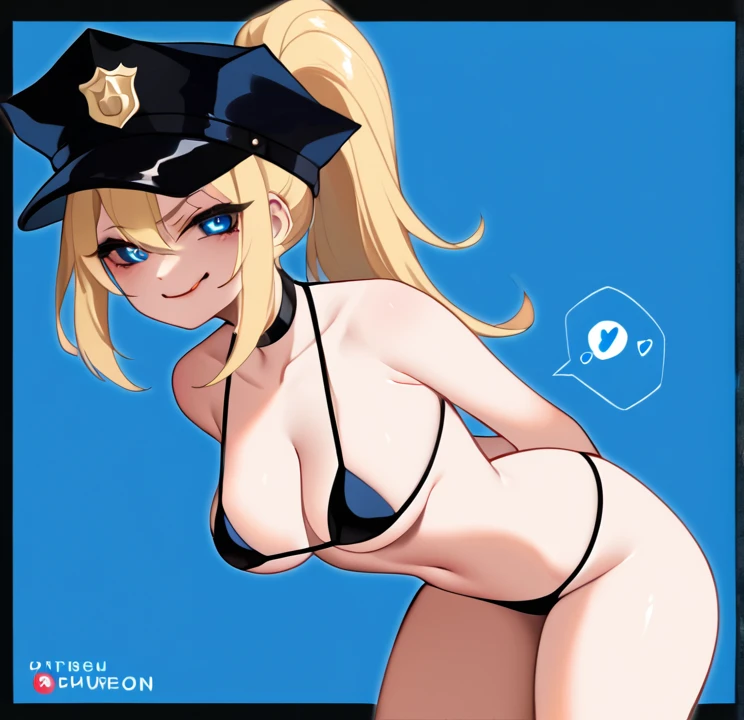 score_9, score_8_up, score_7_up, score_6_up, score_5_up, score_4_up,
BREAK
1girl, blonde hair, ponytail, blue eyes, police cap, smug, black choker, spoken heart,
BREAK
solo, standing, cowboy shot, medium breasts, thick thighs, arched back, leaning forward, arms, bikini ,behind back,
BREAK
blue background, simple background, flat color, big tits,mujer con micro bikini,