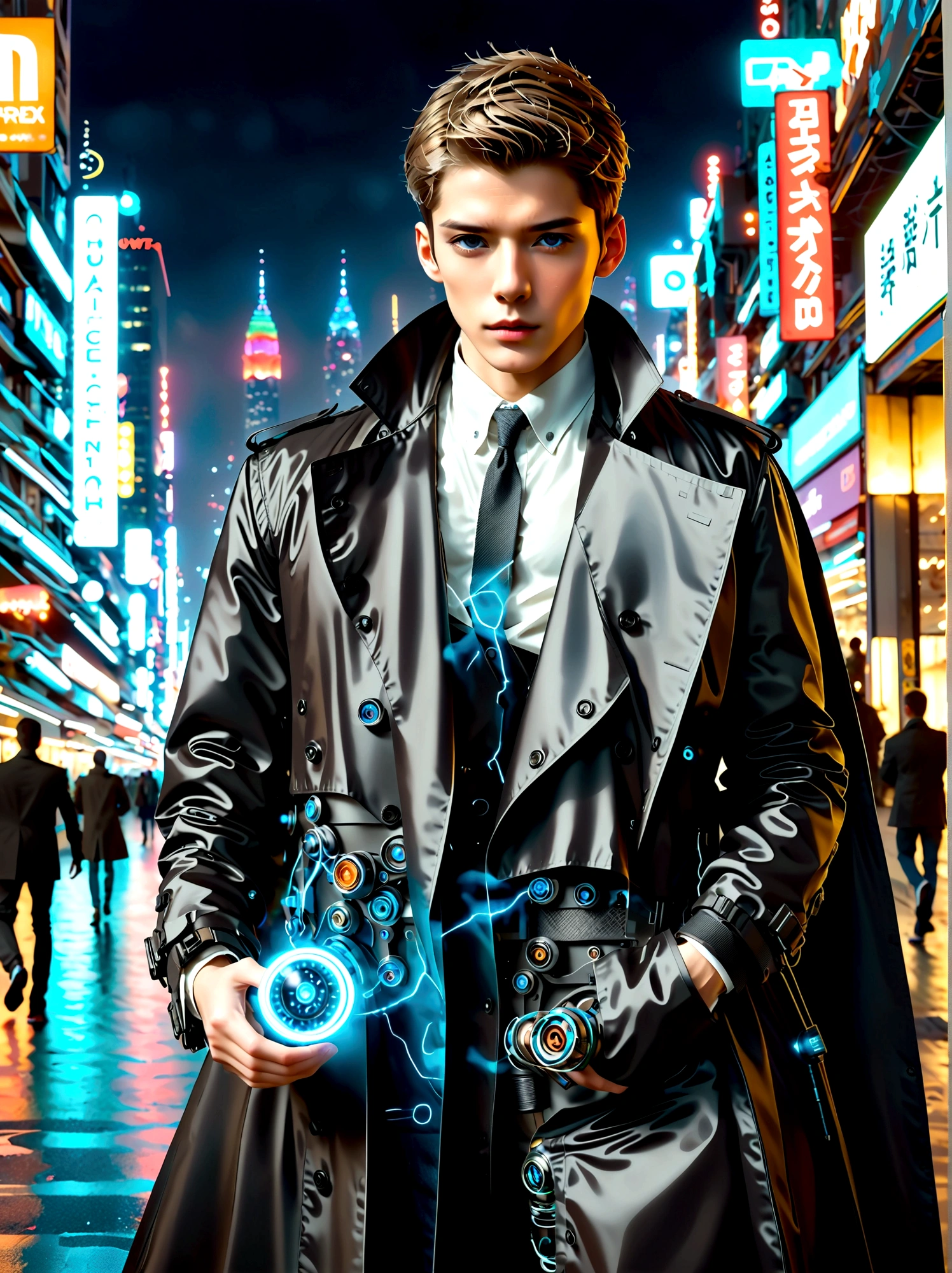 (best quality, 8k,highres,masterpiece:1.2), ultra-detailed, (realistic, photorealistic), (Detective Gadget in a sleek black trench coat:1.5), (Black trench coat:1.7), standing confidently, showcasing advanced futuristic gadgets, electric blue accents on his gadgets, mechanical arms extending from his coat, sharp and determined eyes, futuristic cityscape in background, bokeh, studio lighting, sharp focus