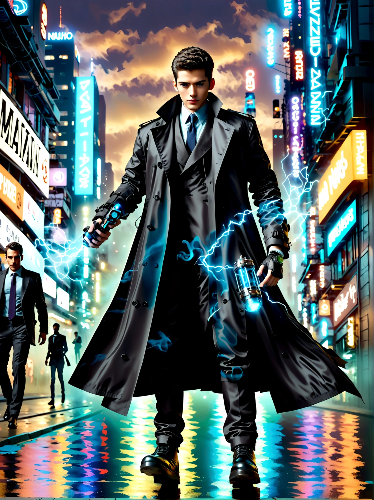 (best quality, 8k,highres,masterpiece:1.2), ultra-detailed, (realistic, photorealistic), (Detective Gadget in a sleek black trench coat:1.5), (Black trench coat:1.7), standing confidently, showcasing advanced futuristic gadgets, electric blue accents on his gadgets, mechanical arms extending from his coat, sharp and determined eyes, futuristic cityscape in background, bokeh, studio lighting, sharp focus