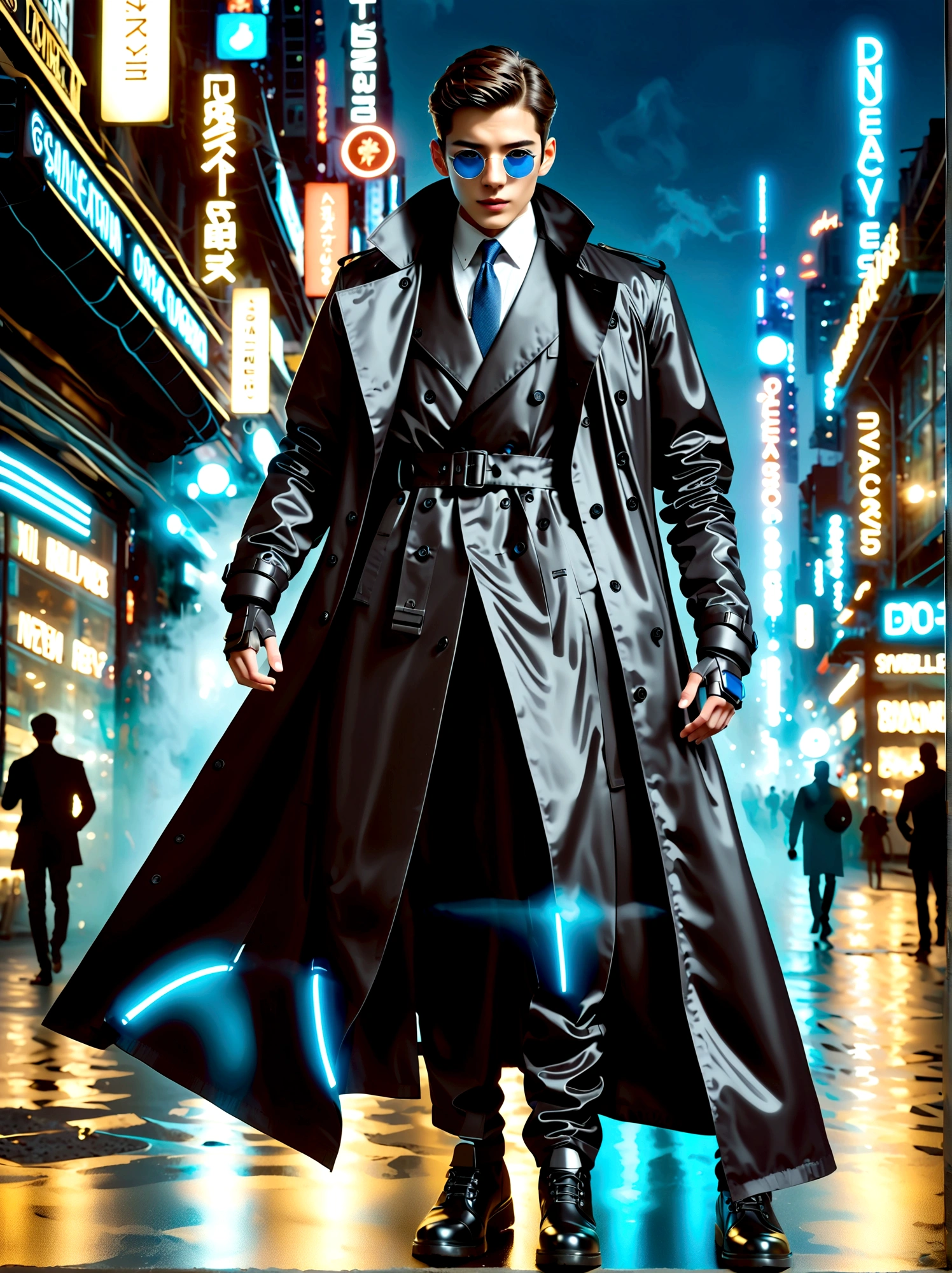 (best quality, 8k,highres,masterpiece:1.2), ultra-detailed, (realistic, photorealistic), (Detective Gadget in a sleek black trench coat:1.5), (Black trench coat:1.7), standing confidently, showcasing advanced futuristic gadgets, electric blue accents on his gadgets, mechanical arms extending from his coat, sharp and determined eyes, futuristic cityscape in background, bokeh, studio lighting, sharp focus