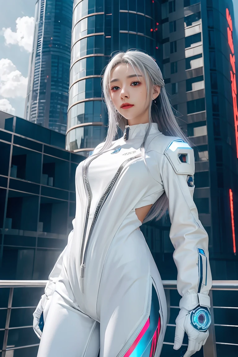 ((masterpiece, best quality, extremely detailed), volumetric lighting, ambient occlusion, colorful, glowing), 
1girl, solo, young girl, (silver hair), long hair, halo, aura, sacred, goddess, cyber suit, (white outfit:1.3), 
outdoors, sunset, sky, clouds, space, (cyberpunk theme:1.2),