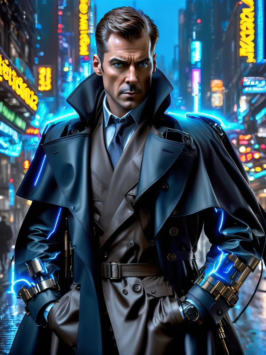 (best quality, 8k,highres,masterpiece:1.2), ultra-detailed, (realistic, photorealistic), (Detective Gadget in a sleek black trench coat:1.5), (Black trench coat:1.7), standing confidently, showcasing advanced futuristic gadgets, electric blue accents on his gadgets, mechanical arms extending from his coat, sharp and determined eyes, futuristic cityscape in background, bokeh, studio lighting, sharp focus