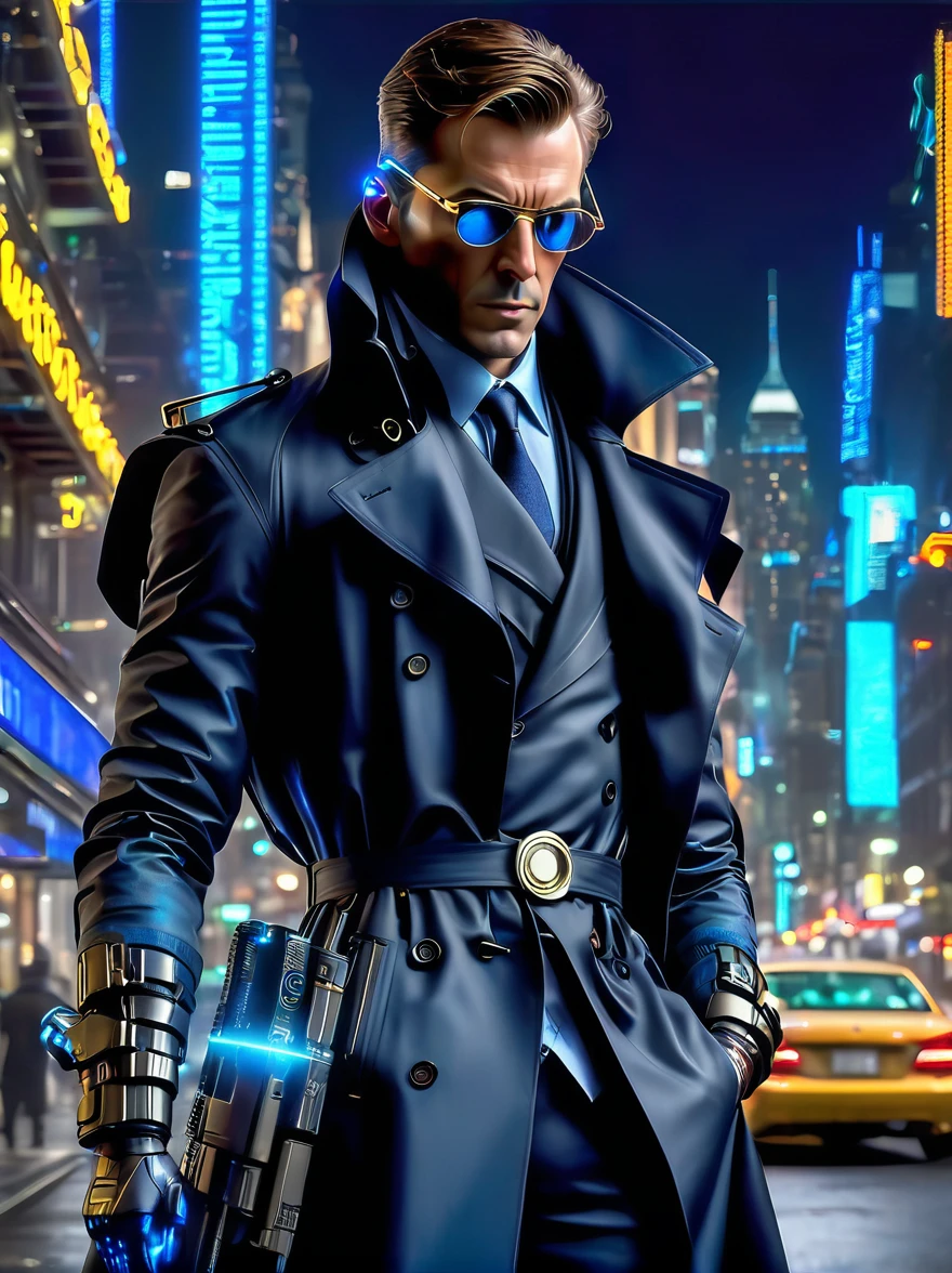 (best quality, 8k,highres,masterpiece:1.2), ultra-detailed, (realistic, photorealistic), (Detective Gadget in a sleek black trench coat:1.5), (Black trench coat:1.7), standing confidently, showcasing advanced futuristic gadgets, electric blue accents on his gadgets, mechanical arms extending from his coat, sharp and determined eyes, futuristic cityscape in background, bokeh, studio lighting, sharp focus