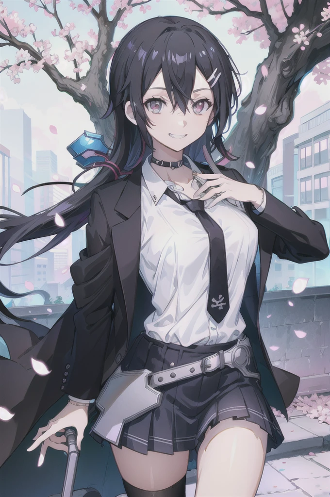 masterpiece, best quality, full body,
1girl, bangs, black choker, black necktie, black hair, blue skirt, blush, bracelet, breasts, choker, clothes around waist, collarbone, collared shirt, cowboy shot, dress shirt, ear piercing, eyebrows visible through hair, gradient hair, grin, gyaru, jewelry, kogal, long hair, looking at viewer, loose necktie, necktie, piercing, plaid, plaid skirt, pleated skirt, red eyes, ring, school uniform, shirt, skirt, smile, solo, white shirt,
street, sky, cherry blossoms, petals,illustration, (magazine:1.3), (cover-style:1.3), fashionable, woman, vibrant, outfit, posing, front, colorful, dynamic, background, elements, confident, expression, holding, statement, accessory, majestic, coiled, around, Touch, scene, Text, cover, bold, attention-grabbing, title, stylish, Font, catchy, headline, larger, striking, modern, trendy, focus, fashion,Female Kirito、Long hair、Black tights,Perfect hands