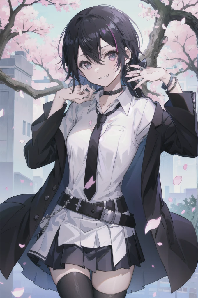 masterpiece, best quality, full body,
1girl, bangs, black choker, black necktie, black hair, blue skirt, blush, bracelet, breasts, choker, clothes around waist, collarbone, collared shirt, cowboy shot, dress shirt, ear piercing, eyebrows visible through hair, gradient hair, grin, gyaru, jewelry, kogal, long hair, looking at viewer, loose necktie, necktie, piercing, plaid, plaid skirt, pleated skirt, red eyes, ring, school uniform, shirt, skirt, smile, solo, white shirt,
street, sky, cherry blossoms, petals,illustration, (magazine:1.3), (cover-style:1.3), fashionable, woman, vibrant, outfit, posing, front, colorful, dynamic, background, elements, confident, expression, holding, statement, accessory, majestic, coiled, around, Touch, scene, Text, cover, bold, attention-grabbing, title, stylish, Font, catchy, headline, larger, striking, modern, trendy, focus, fashion,Female Kirito、Long hair、Black tights,Perfect hands