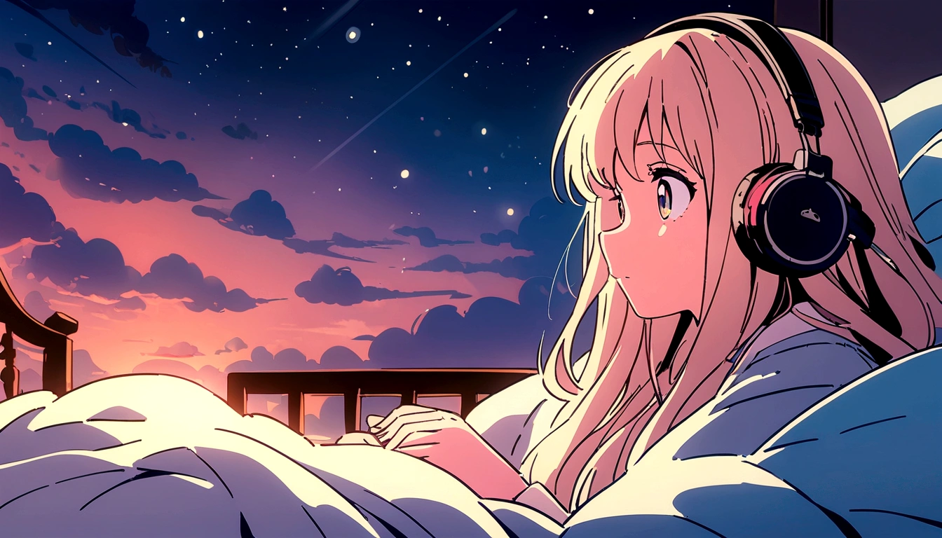 Keywords : masterpiece, best quality, movie still, one girl, girl in clouds, happiness, warm soft lighting, night sky, listening to music on headphones in bed in room, girl with long hair, big eyes, profile, illustration style