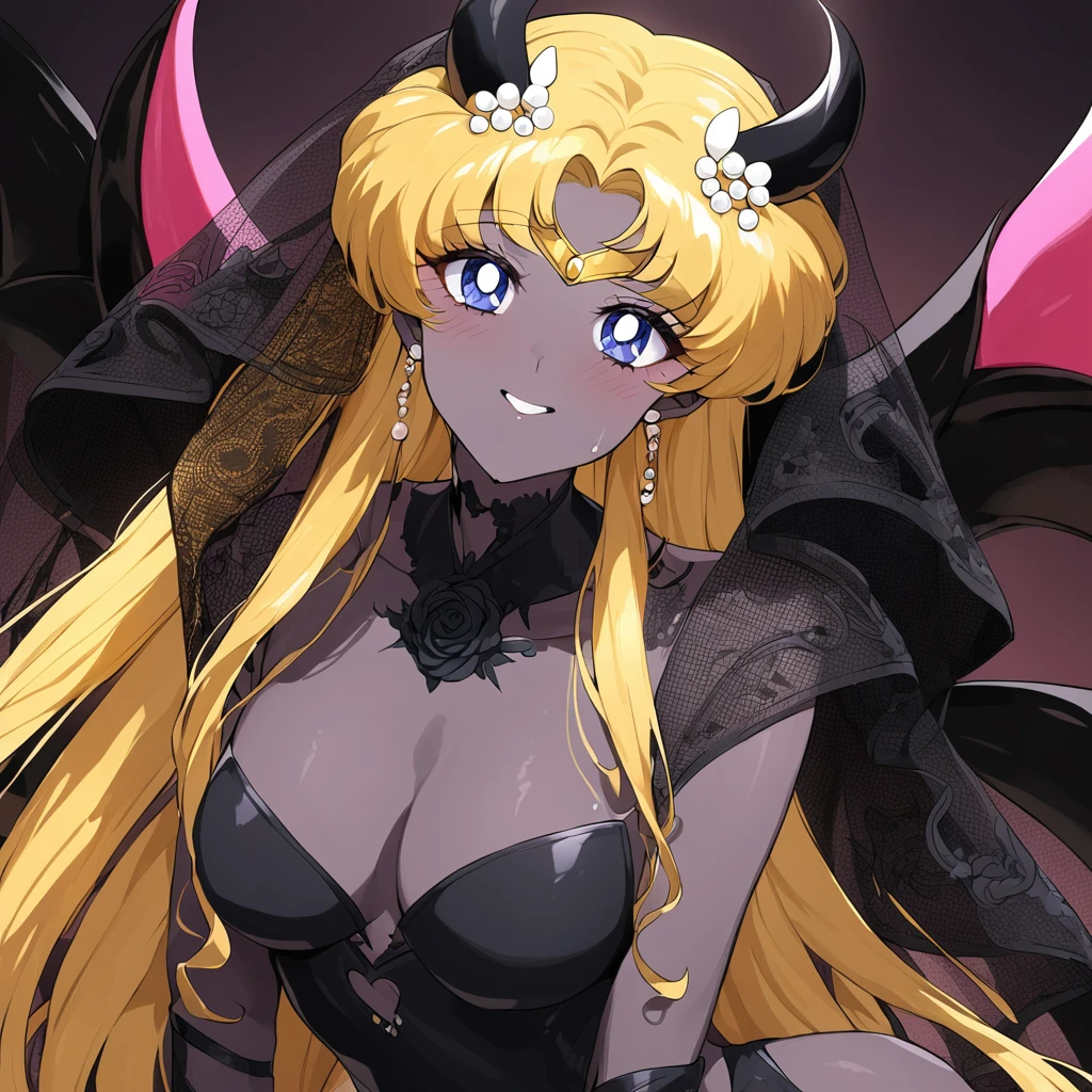 ((Highest quality)), ((masterpiece)), (detailed), （Perfect Face）、The woman is Princess Serenity having sex with the Demon King, the woman is Princess Serenity, a sexy female demon with jet black skin、The woman is a jet-black female demon with magnificent devil horns, jet-black devil wings, and a jet-black tail. Her skin is jet-black, and she is a devil bride wearing a luxurious black gothic Victorian wedding dress and a black wedding veil. She is the jet-black demon Princess Serenity, and has blonde hair with a happy expression as she looks at the camera.２The expression of a girl in love with her long hair tied up、She is Princess Serenity