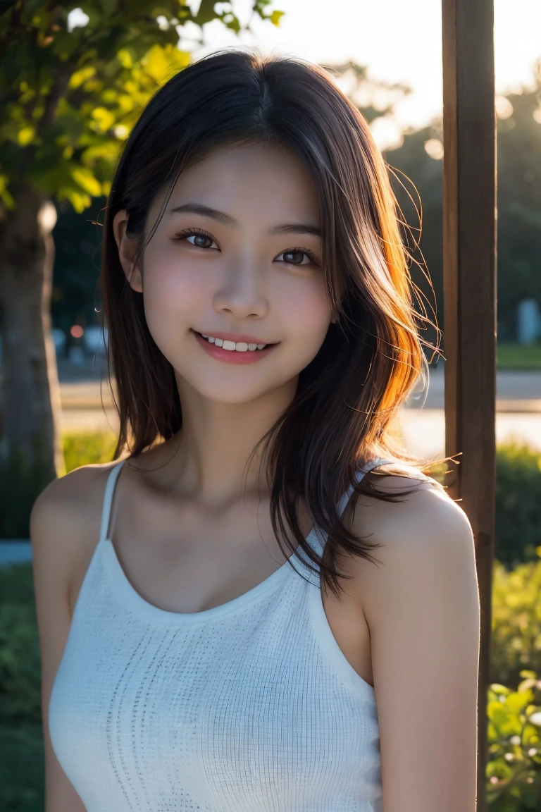 A realistic portrait of a young Asian woman with a natural smile, soft lighting, and warm evening sunlight. The background is an outdoor setting with a gentle sunset glow. The image should capture her youthful features and the serene atmosphere of the moment. High detail, high resolution, and photorealistic style、((Upper Body:1.3))